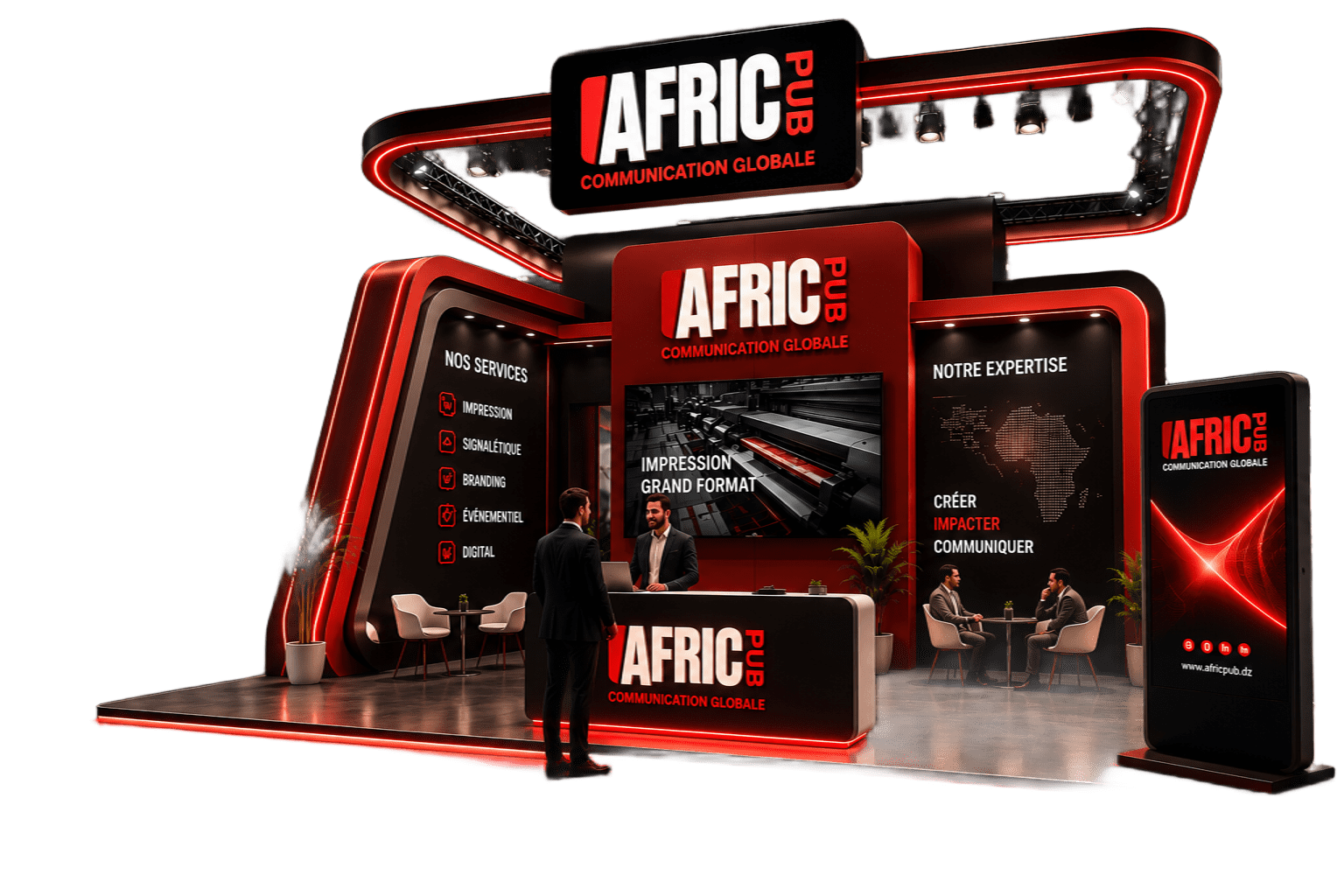 Stand d'exposition Afric Pub avec enseignes lumineuses rouges et écrans