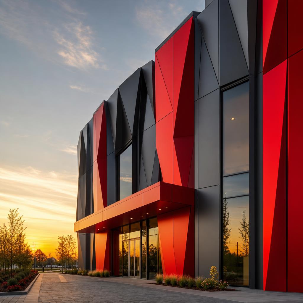 Façade architecturale contemporaine en Alucobond 3D rouge et noir au coucher du soleil
